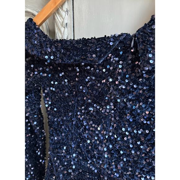 LUSH Blue Sequin One-Shoulder Bodycon Cocktail Dress Sparkly Party Mini Sz S - Picture 8 of 14